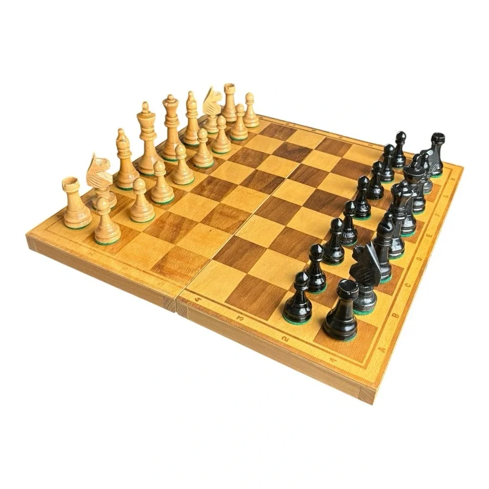 Folding Chess Set Hand Carved Pieces Storage Compartment Metal Latch